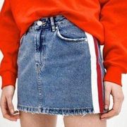 Denim mini skirt with white and red side stripe