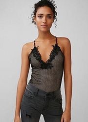 EXPRESS Black Lace & Mesh V Neck Cross Back Fitted Bodysuit