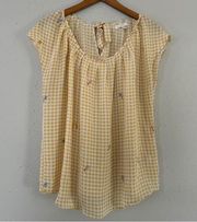 🦋 LC Lauren Conrad Yellow White Checkered Palm Tree Blouse Casual Spring XL