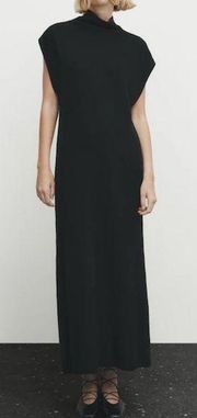 Massimo Dutti Mock Turtleneck Wool-Blend Long Ribbed Knit Dress Black Size S NWT