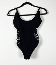 Red Carter Perforated Cut Out Full One Piece Textured Black Swim Bathing Suit S