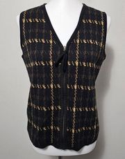 Vintage Crystal Kobe Black & Tan Houndstooth Zip Vneck Sweater Vest Size Small