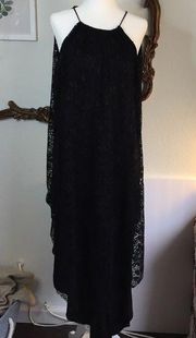 Black lace dress lines with asymmetrical hem