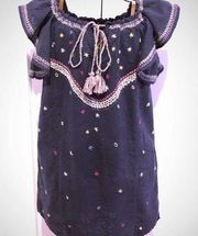 BANJARA Cotton Embroidered Navy Blue Boho Sheath Dress Women's Size S