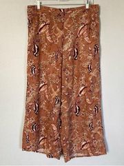 Tahari Pants 100% Linen Boho Ethnic Floral Print Coastal Pull On Crop Wide Leg