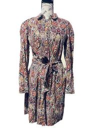 Tommy Hilfiger Paisley Corduroy Shirt Dress Size 10 Belted Pockets