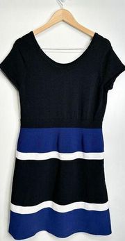 Ann Klein Midi Dress Womens Medium Colorblock A-line Black/Blue Short Sleeve