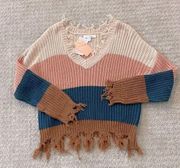 NWT - Love Tree Color Block Knit V-Neck Raw Hem Sweater