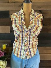 90s True Religion Western Plaid Women’s Snap Front Sleeveless Top Size Small