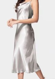 Bebe Iconic Cowl Neck Midi Slip Dress in Platinum. NWT