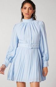 Mock Neck Belted Pleated Dress