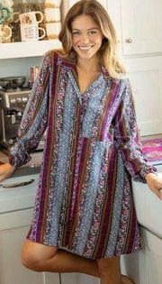 Natural Life Ansley Woven Tunic Shirt Dress Multicolor Stripe Patchwork Pink S