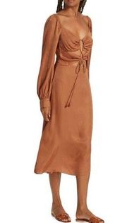 FARM RIO Caramel Cut Out Long Sleeve Vacation Midi Dress In Brown Size Medium