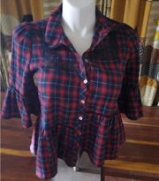 Pol size small, red white and blue checked top seven button closure