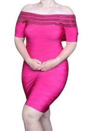 Hot Pink Barbie Off Shoulder Bodycon Dress Sequin Barbiecore Mini Glam Party