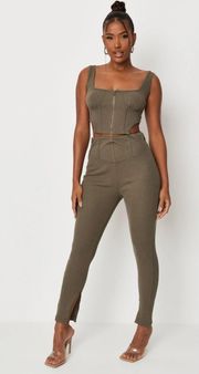 carli bybel x  khaki rib square neck corset top and rib corset waistband leggings