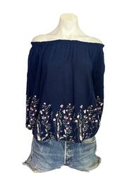 Blue Embroidered Peasant Top SMALL Butterfly Floral Babydoll Off Shoulder Boho