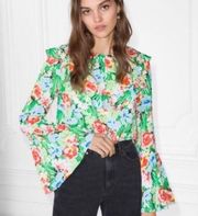 & Other Stories Paris Atelier Green Floral Ruffle Bell Long Sleeve Top Blouse 4