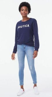 Nautica Womens Logo Crossover-Hem Sweatshirt Navy Blue Size Large