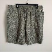 Christopher & Banks Green Floral Leaf Linen Blend Drawstring Shorts