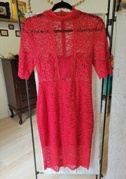 Used womens sz 6 red express lace bodycon high collar short sleeve sheath dress