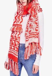 Free People Orange/White Mile High Double Thick Fringe Blanket Scarf 2ft x 6ft