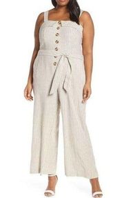 Vince Camuto Plus Size 2X Jumpsuit Stripe Tie Front Linen Blend Tan White 1302