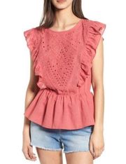 Hinge Nordstrom Eyelet Ruffle Peplum Top Blouse M