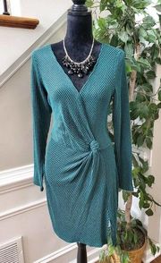 Ash & Violet Women Green Striped Rayon V-Neck Long Sleeve Knee Length Dress L