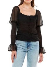 Wayf Chiffon Ruched Puff Ruffle Sleeve Blouse Black Silver Medium Smocked