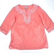 Caribbean Joe Women's 3/4 Sleeve Popover Embroidered Tunic Top Coral Size Large