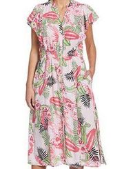 Linen Floral button Front Flutter Sleeve Midi Dress Pink XL