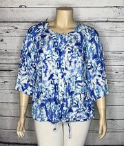 Ruby Rd. Woman Size 16W Blues & White Abstract Snap Button Linen Blend Jacket