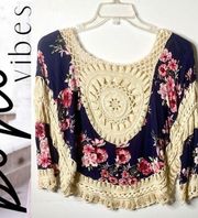 Love J blue large boho crochet blouse with roses