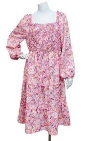 Women’s 1X As U Wish Smocked Boho Bohemian Garden Pink Floral Tiered Midi Dress