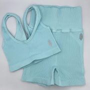 NEW Set! FREE PEOPLE Movement XS/S Happiness Runs Scoop Neck Sport Bra Aqua Blue