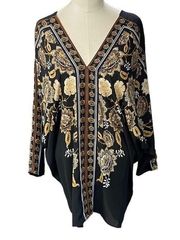 ROSE + OLIVE Black Floral V-Neck Dolman Sleeve Kimono Blouse Size Medium