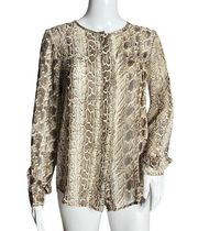 Ovi Button Front Blouse Brown Cream Snake Print Long Sleeve Sheer