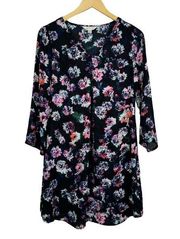 Decree Black Floral Sheer Pleated Roll 3/4 Sleeve Shift Dress Size S