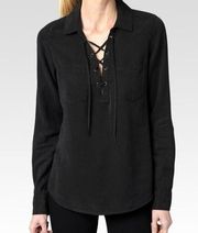 Billie Black Lace-up Tencel Collared Long Sleeve Drapey Chic Top L