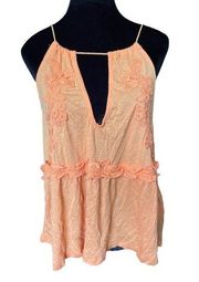 Coco + Jaimeson Orange Linen Boho Hippie Coastal Beach Embroidered Floral Top