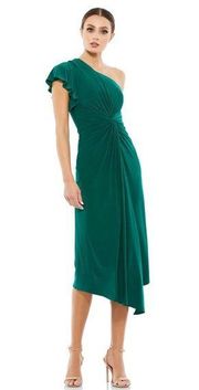 Mac Duggal 12480 Emerald Green One Shoulder Midi Length Jersey Dress Size 16 New