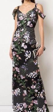 MARCHESA NOTTE Floral Cold-Shoulder Gown