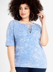 8. Ashley Stewart Baby Blue Acid Wash Latttice Neck Tshirt (Size: 14/16)