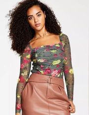 Bar III Square Neck Floral Print Mesh Long Sleeve Top