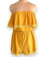 Style House Romper Retro Style Strapless Off the Shoulder  Yellow Lace Ruffle