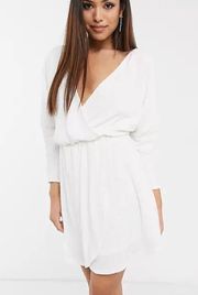 White Sequin Plunge Wrap Dress