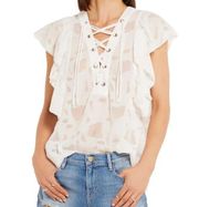 IRO Crepe Top Blouse See Through White Lace-Up Front Ruffle