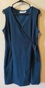 Faux Wrap Sleeveless V-Neck Buckle Navy Blue Dress Size Large