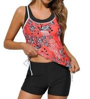 Tankini Set Black & Orange Tank Top Biker Shorts Swimsuits Size Large NWT #S-526